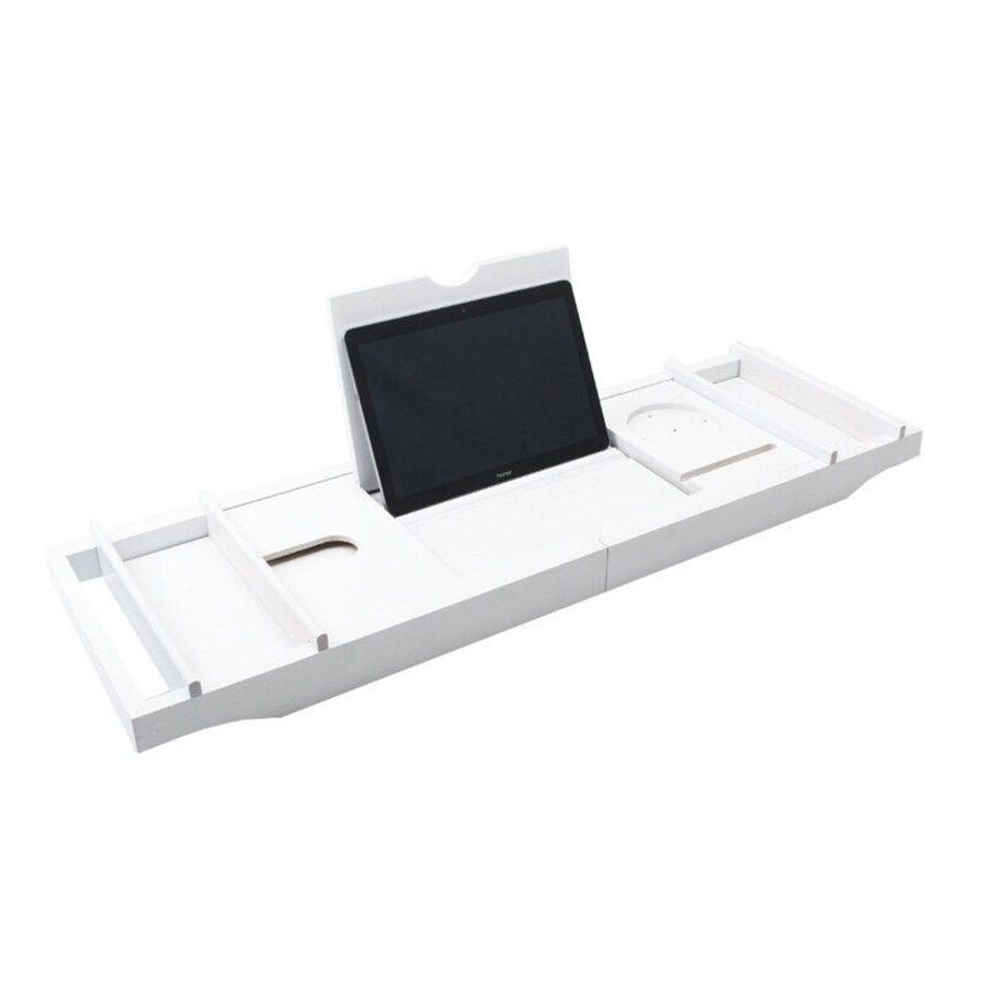 Expandable Bathtub Caddy Tray Bath Table Over Tub with Wine & Book Holder