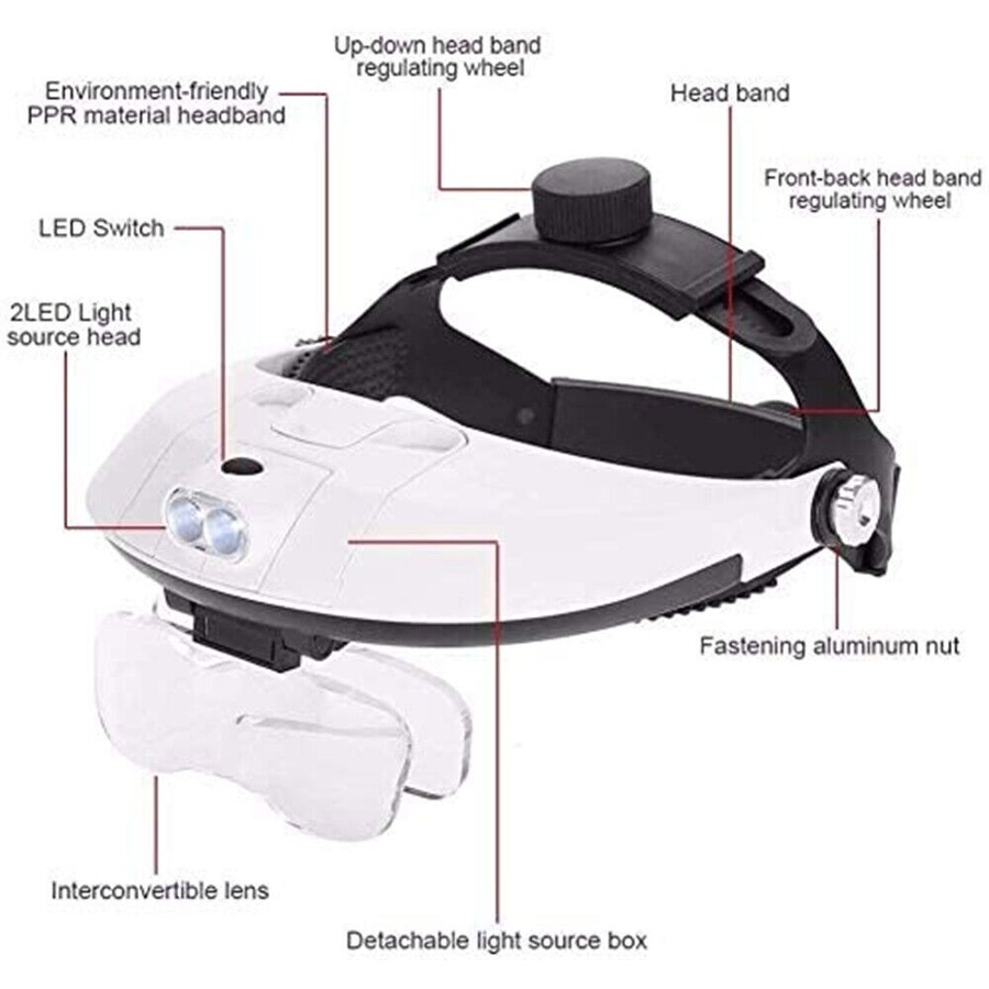 Headband Magnifier 2 LED Lamp Light Jeweler Head Mounted Magnifying Glass Loupe