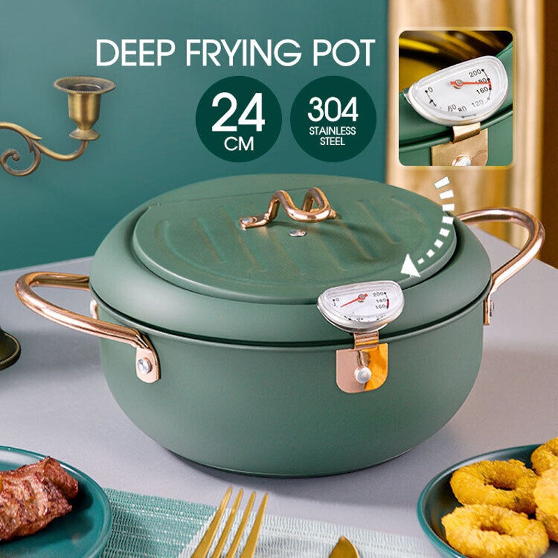 Kitchen deep frying pot with lid and thermometer non stick tempura