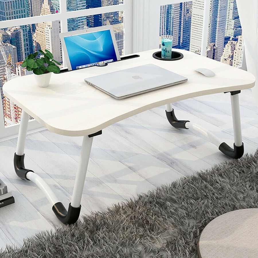 Laptop Stand Table Foldable Desk Computer Study Adjustable Cup Slot White