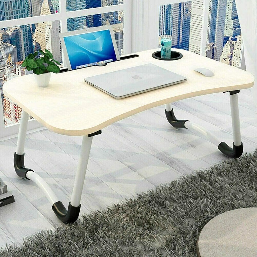 Laptop Stand Table Foldable Desk Computer Study Adjustable Cup Slot White
