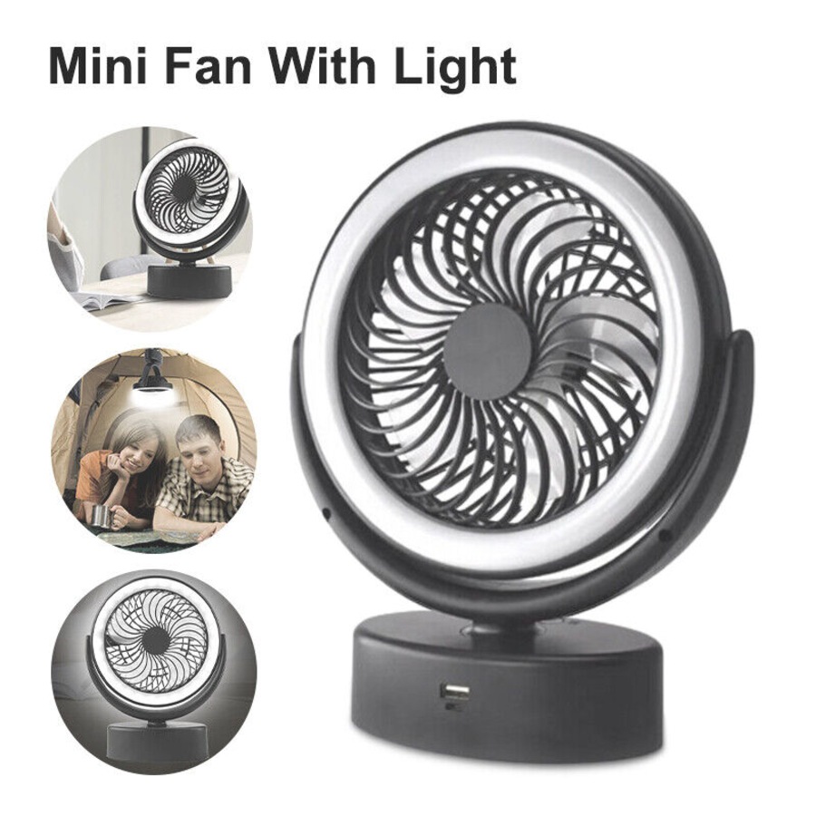 Portable 360° Fan Travel Rechargeable USB Desk Fan With Light with Hanging Hook