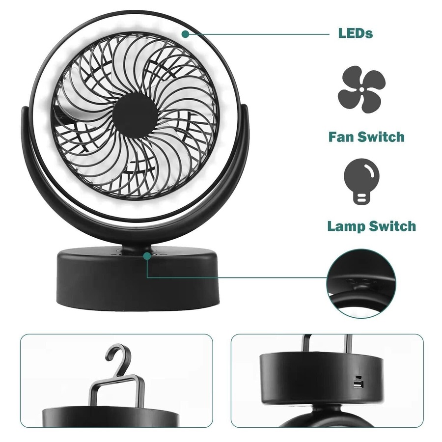 Portable 360° Fan Travel Rechargeable USB Desk Fan With Light with Hanging Hook
