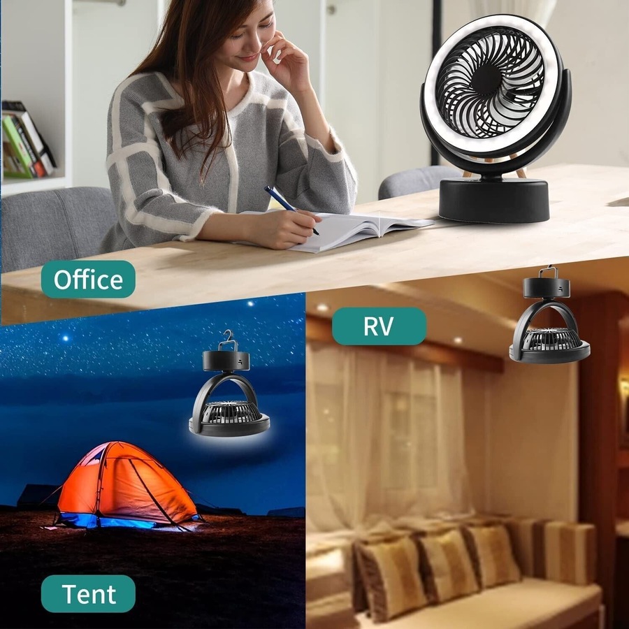 Portable 360° Fan Travel Rechargeable USB Desk Fan With Light with Hanging Hook