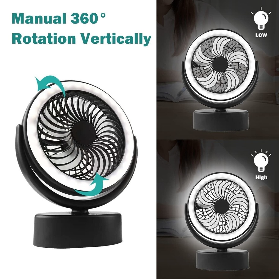 Portable 360° Fan Travel Rechargeable USB Desk Fan With Light with Hanging Hook
