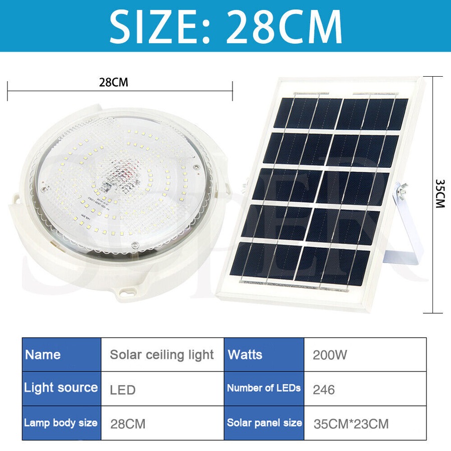 Solar Powered LED Ceiling Light 24/28/32cm Bedroom Garden Garage Shed Tent Lamp