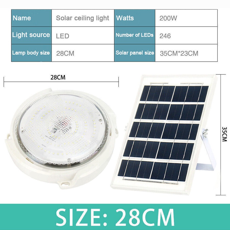Solar Powered LED Ceiling Light 24/28/32cm Bedroom Garden Garage Shed Tent Lamp