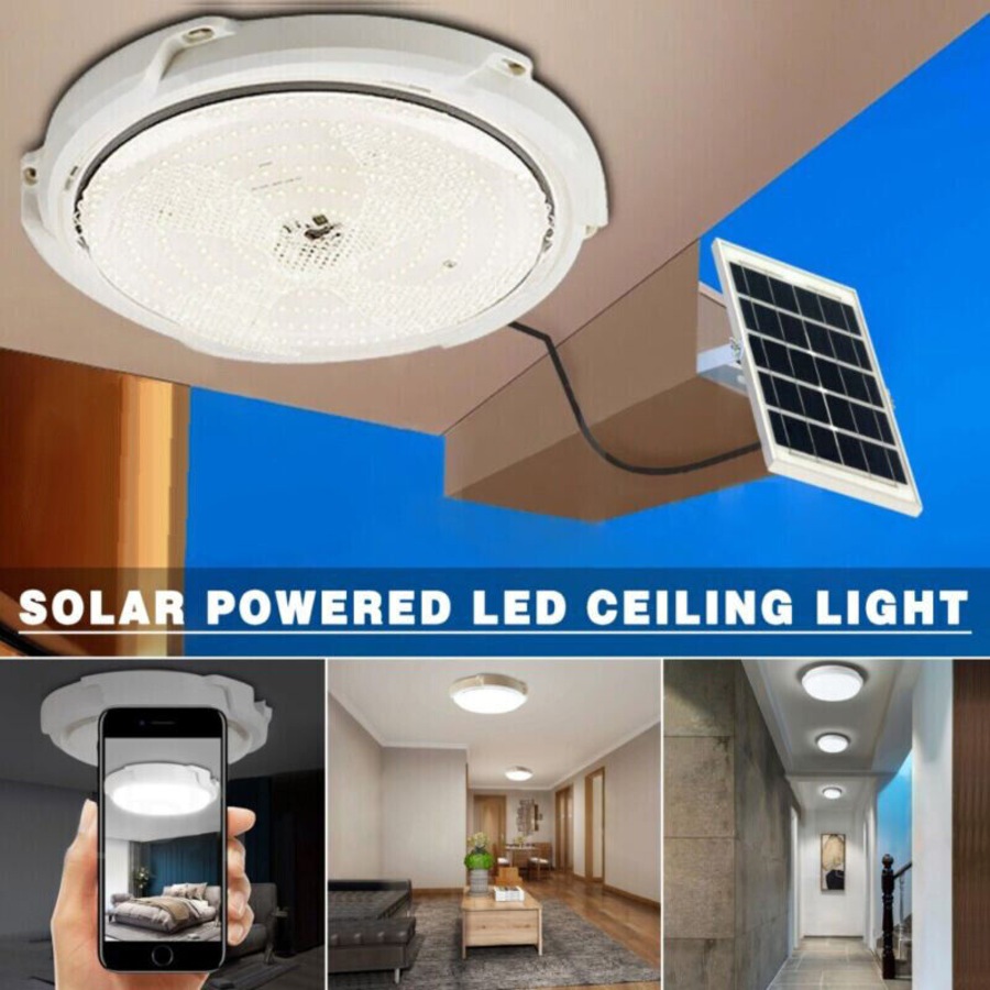 Solar Powered LED Ceiling Light 24/28/32cm Bedroom Garden Garage Shed Tent Lamp