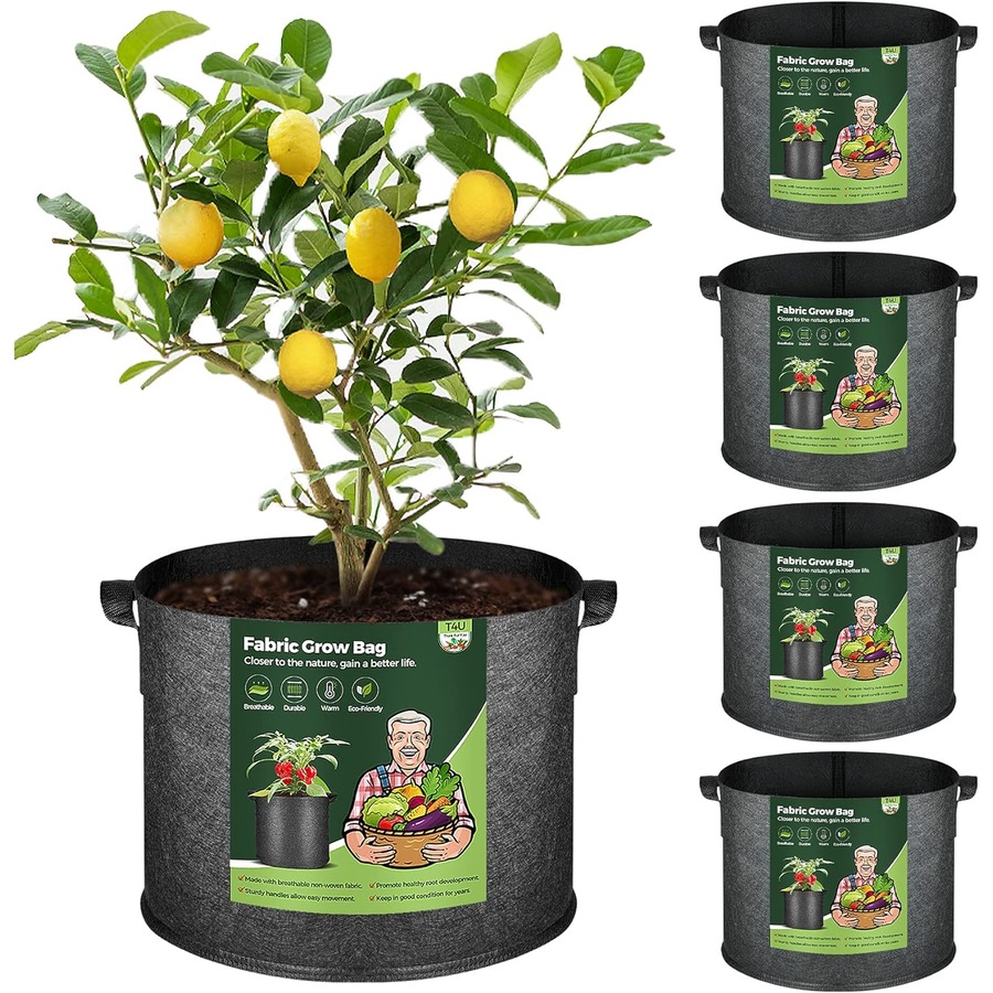 10 Gallon Fabric Grow Bags with Handle - Pack of 5 - Heavy Duty Nonwoven Garden Pot