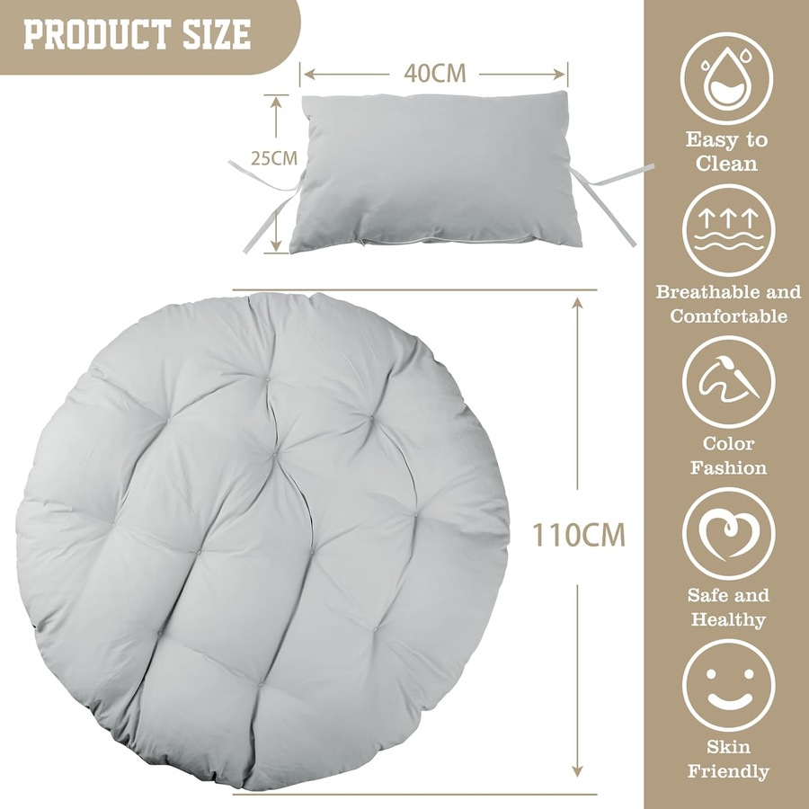 110x110CM Hanging Egg Chair Cushion Replacement for Outdoor Swing Chairs - Washable Beige/Grey Patio Furniture Cushion