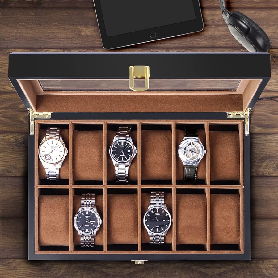 12 Slot Men Watch Box Wood Display