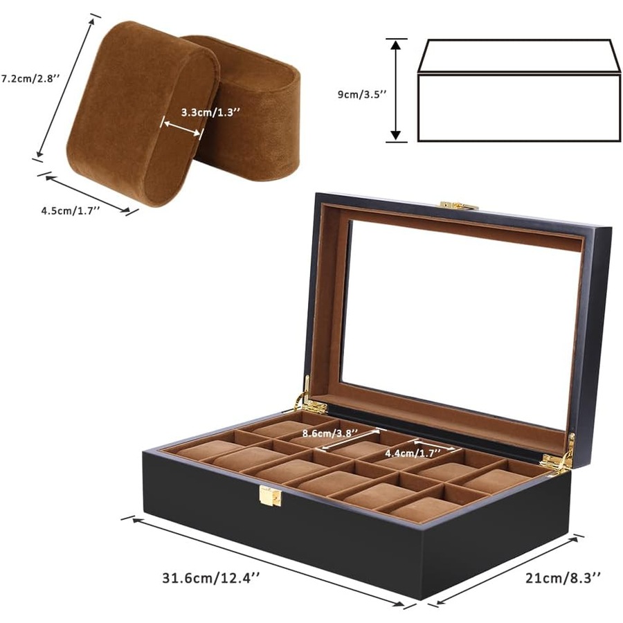 12 Slot Men Watch Box Wood Display