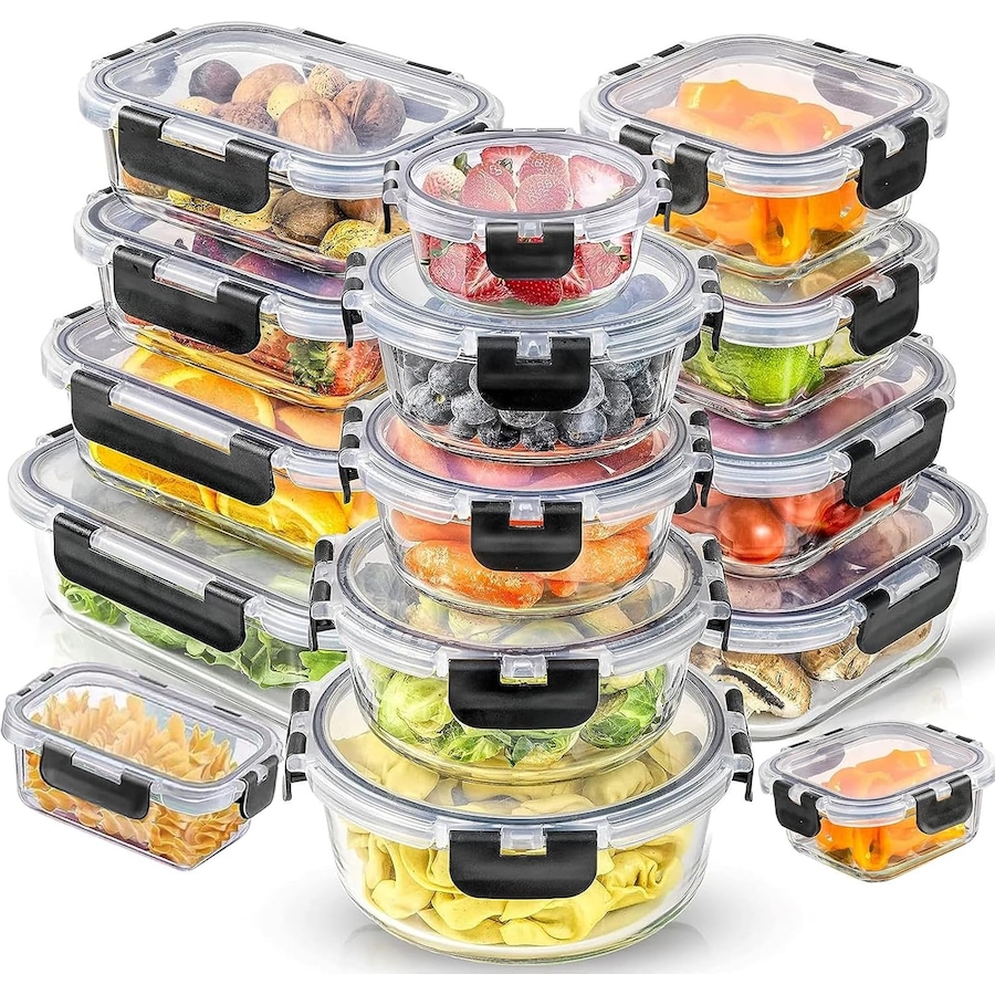 15 Pack Glass Food Storage Containers with Lids - Airtight, Leakproof Meal Prep Containers - 3 Sizes (15 pcs, Black)