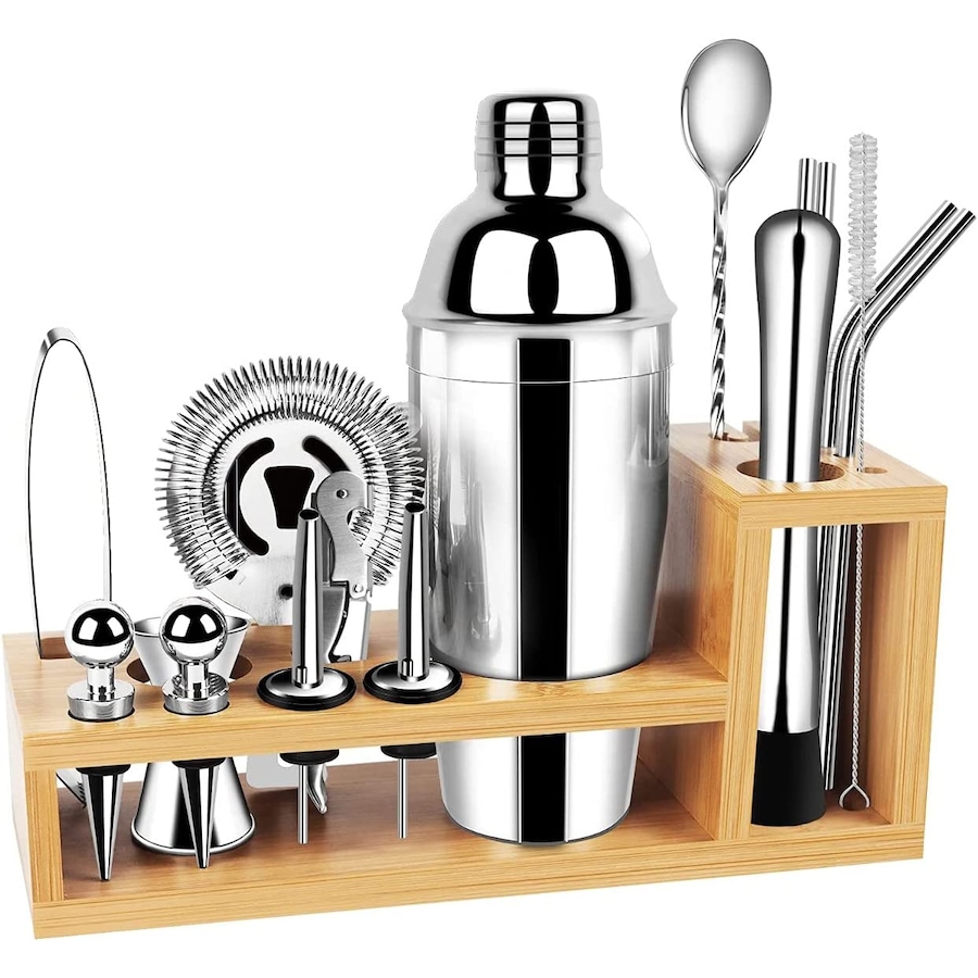 17 Pieces Stainless Steel Cocktail Shaker Kit with Bamboo Stand (Includes Recipe Book)