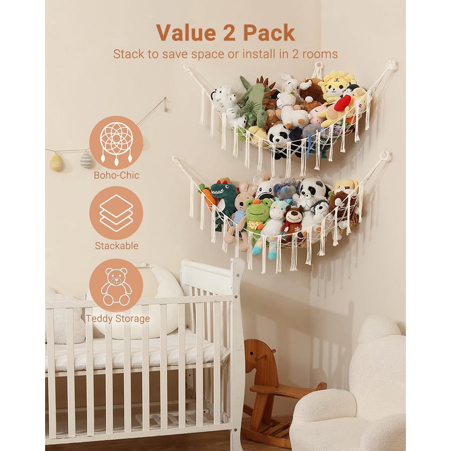2 Pack Boho Toy Hammock for Stuffed Animals and Nursery Organization