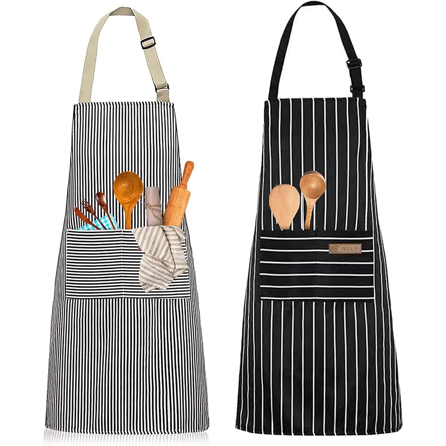 2 Pack Kitchen Cooking Aprons Adjustable Bib Soft Chef Apron Men Women Brown Black Strips