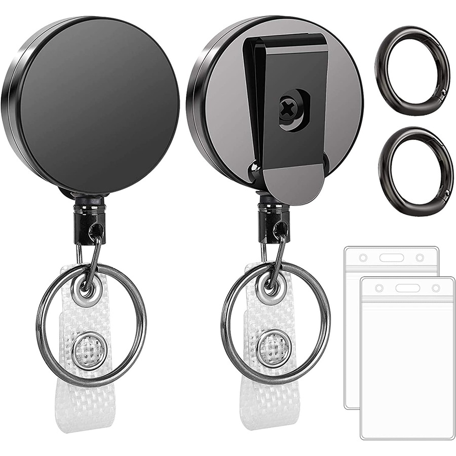 2 Pack Metal Heavy Duty Retractable Badge Holders Reel Carabiner Keychain ID Card Holders
