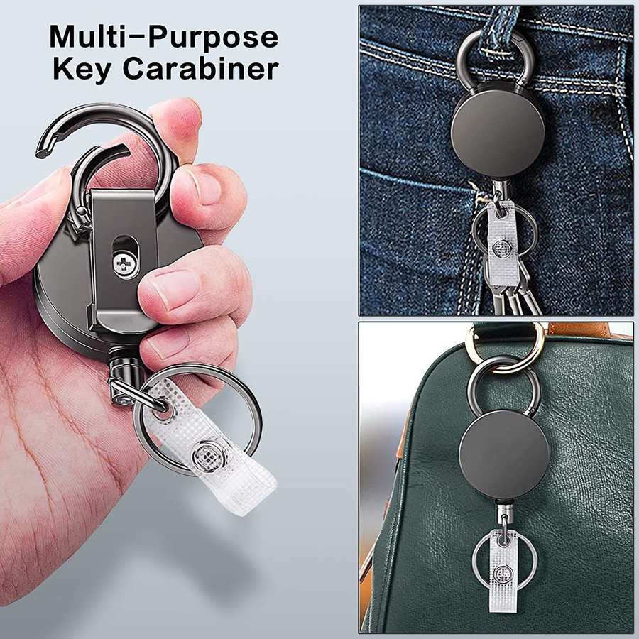 2 Pack Metal Heavy Duty Retractable Badge Holders Reel Carabiner Keychain ID Card Holders