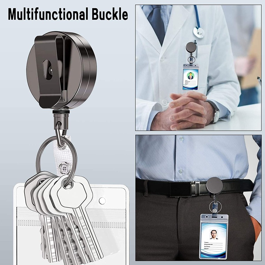 2 Pack Metal Heavy Duty Retractable Badge Holders Reel Carabiner Keychain ID Card Holders