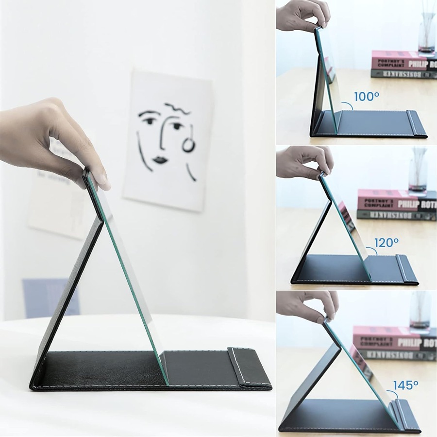 25x18 cm Foldable Makeup Mirror - Super HD Portable Adjustable Black Vanity Mirror with Stand for Travel