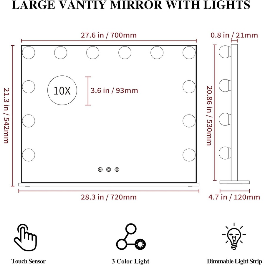 28x22 Hollywood Vanity Mirror with LED Lights and 10X Magnification