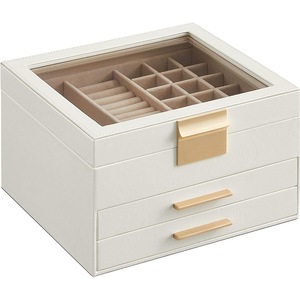 3-Layer Jewelry Box with Glass Lid and Drawers - Cloud White and Gold 