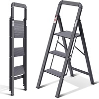3 Step Ladder w/ Handrail, Non-Slip, Folding Safety, 150kg Load, Black