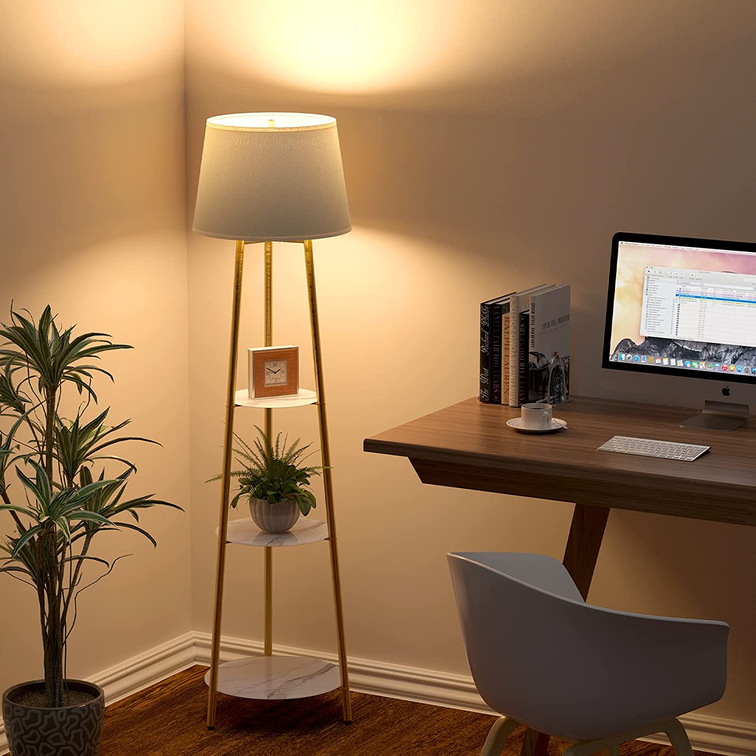 Brown floor deals lamp with shelves