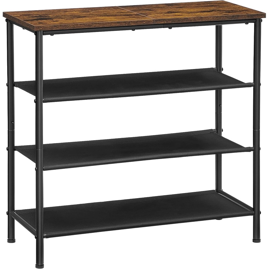 4 Tier Shoe Rack for 9-12 Pairs of Shoes with Fabric Shelves and Wooden Top - Rustic Brown/Black