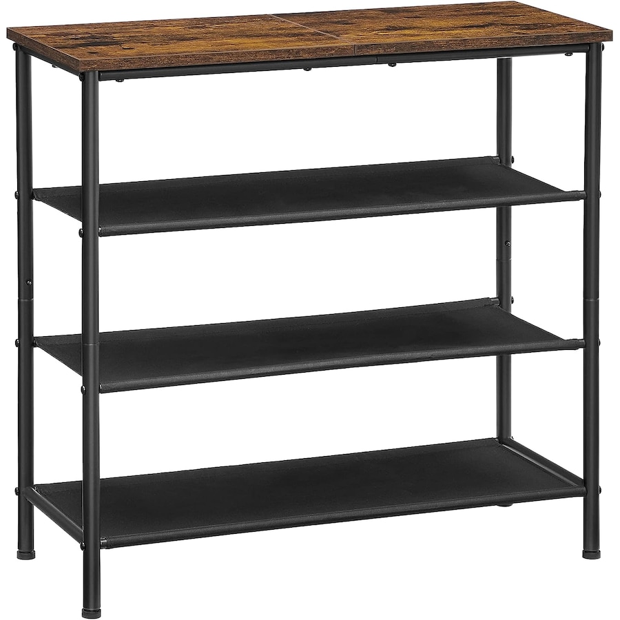 4 Tier Shoe Rack for 9-12 Pairs of Shoes with Fabric Shelves and Wooden Top - Rustic Brown/Black