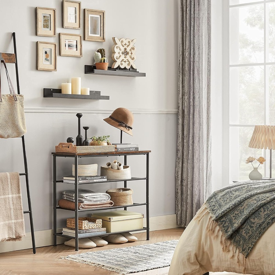 4 Tier Shoe Rack for 9-12 Pairs of Shoes with Fabric Shelves and Wooden Top - Rustic Brown/Black