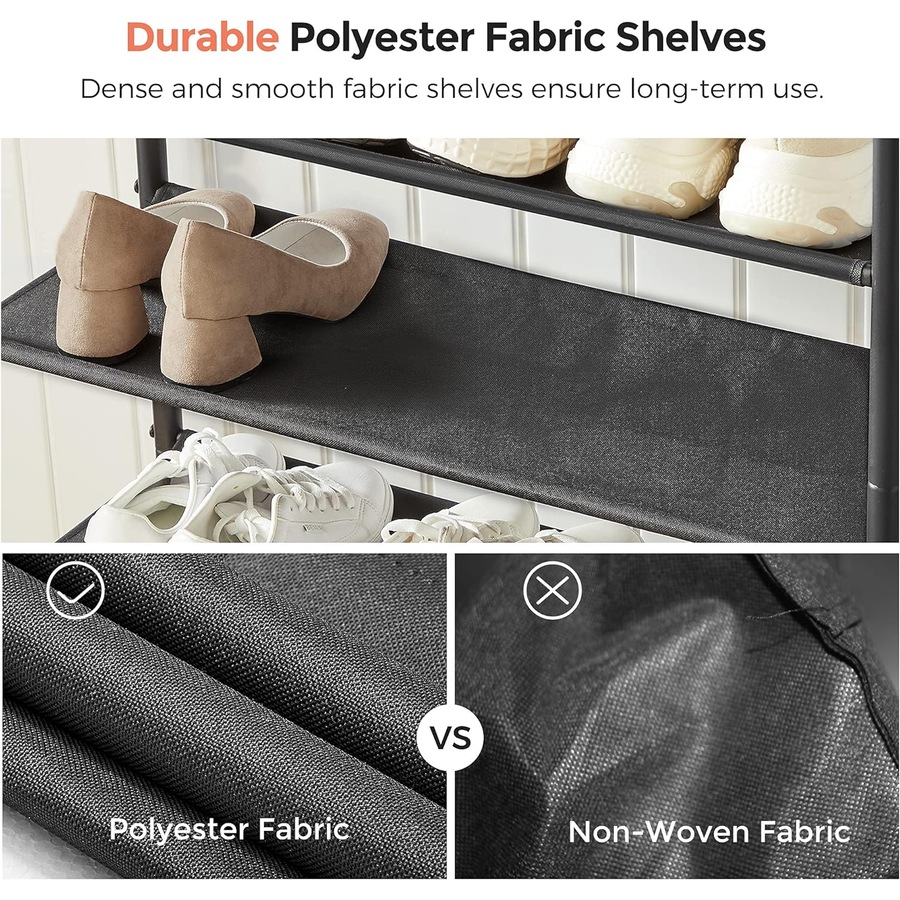 4 Tier Shoe Rack for 9-12 Pairs of Shoes with Fabric Shelves and Wooden Top - Rustic Brown/Black