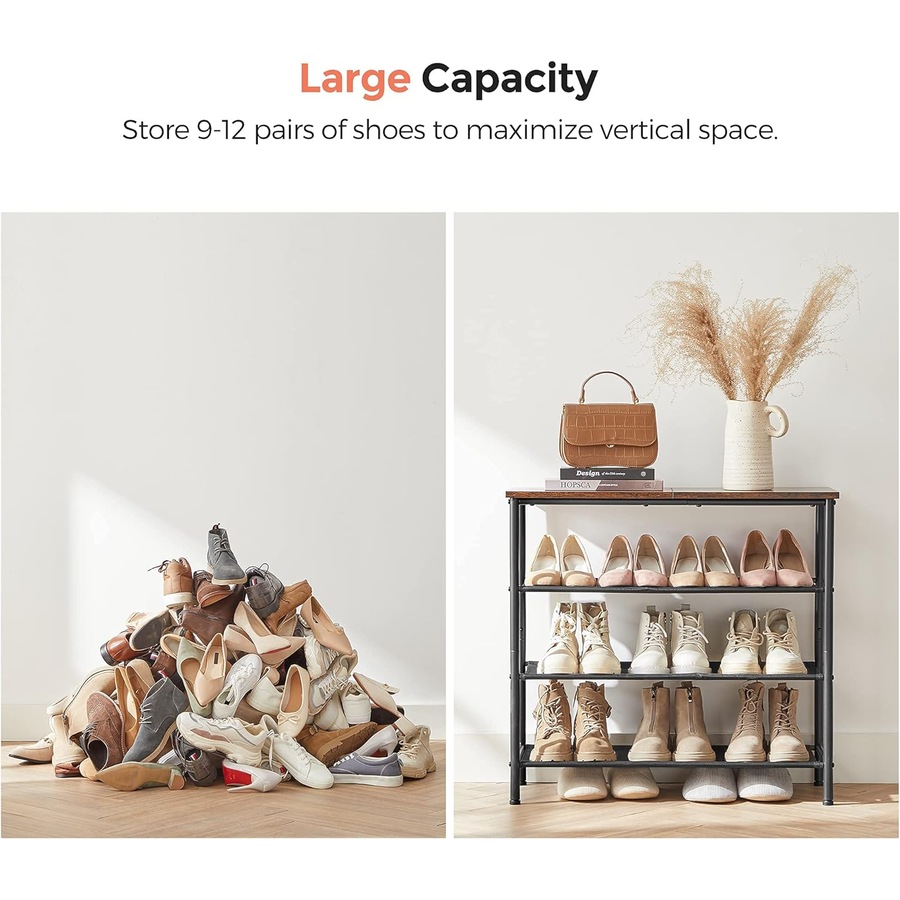 4 Tier Shoe Rack for 9-12 Pairs of Shoes with Fabric Shelves and Wooden Top - Rustic Brown/Black