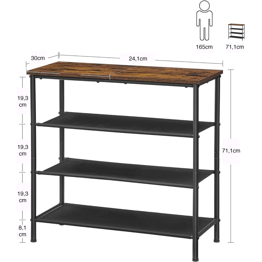 4 Tier Shoe Rack for 9-12 Pairs of Shoes with Fabric Shelves and Wooden Top - Rustic Brown/Black