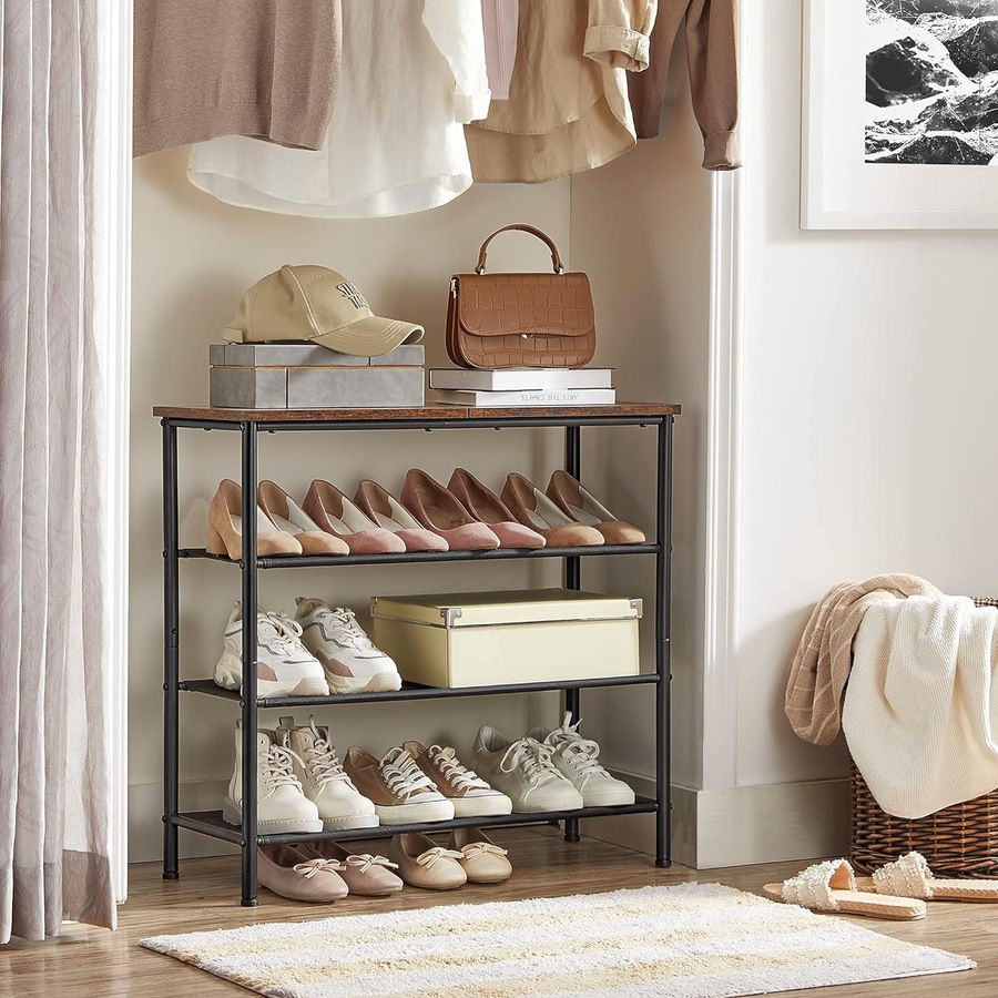 4 Tier Shoe Rack for 9-12 Pairs of Shoes with Fabric Shelves and Wooden Top - Rustic Brown/Black