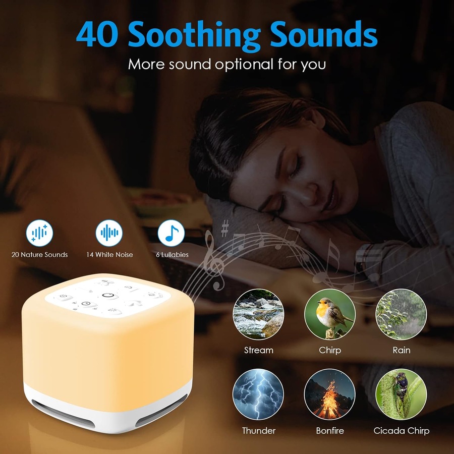 40 Soothing Sounds Sleep White Noise Machine with Night Light - Adjustable Brightness, Memory Function