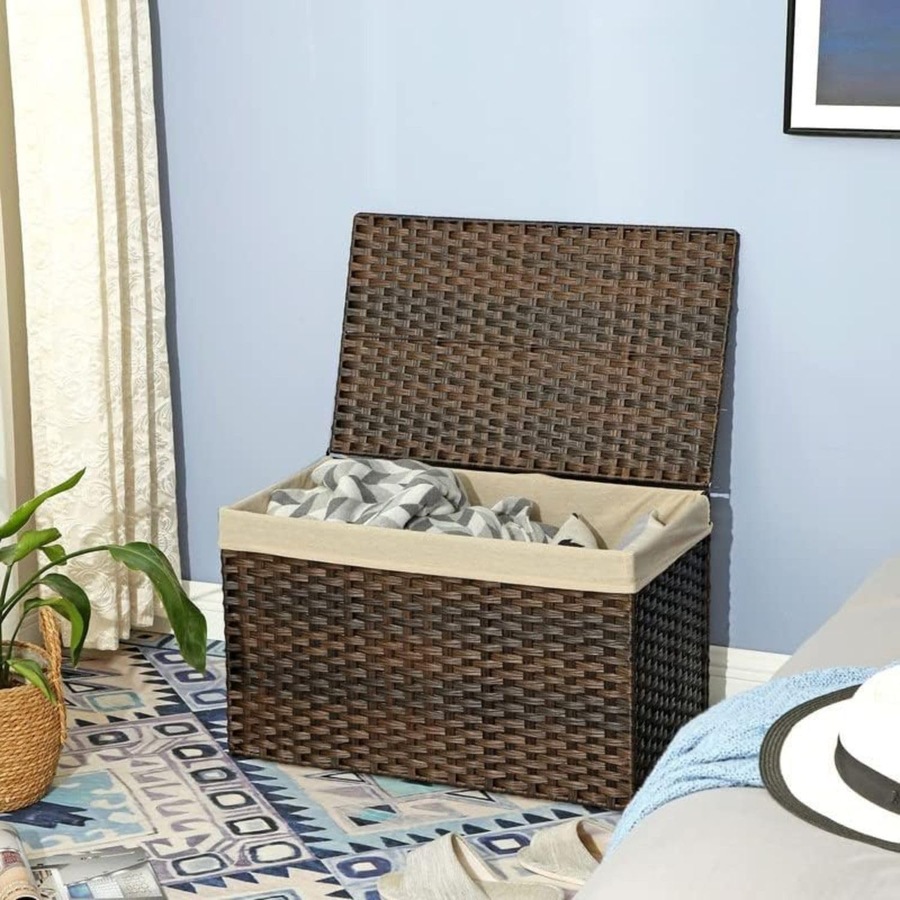 42.3 Gallon Woven Storage Basket with Lid and Handles for Bedroom and Laundry Room - Brown