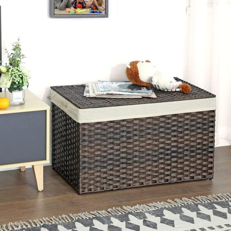 42.3 Gallon Woven Storage Basket with Lid and Handles for Bedroom and Laundry Room - Brown