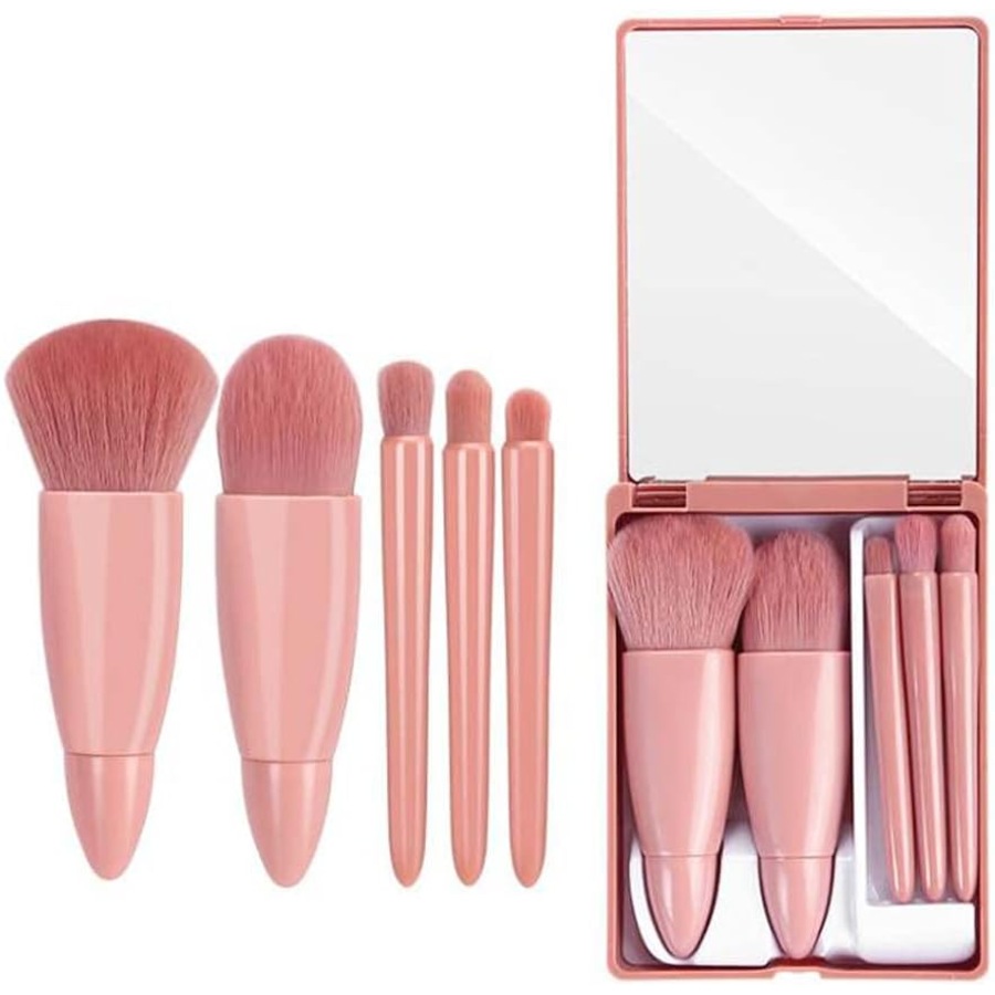 5-Piece Travel Makeup Brush Set with Mirror - Complete Cosmetic Kit