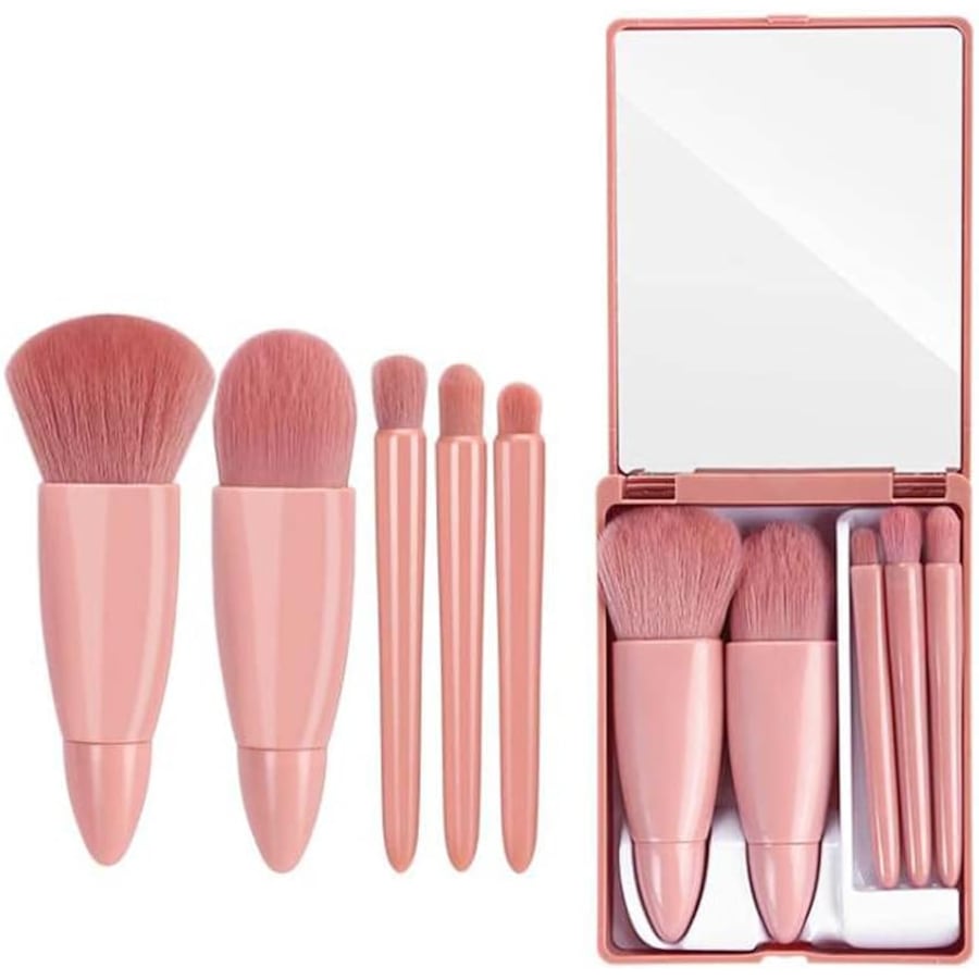 5-Piece Travel Makeup Brush Set with Mirror - Complete Cosmetic Kit