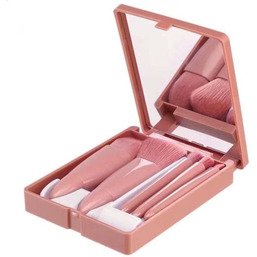 5-Piece Travel Makeup Brush Set with Mirror - Complete Cosmetic Kit