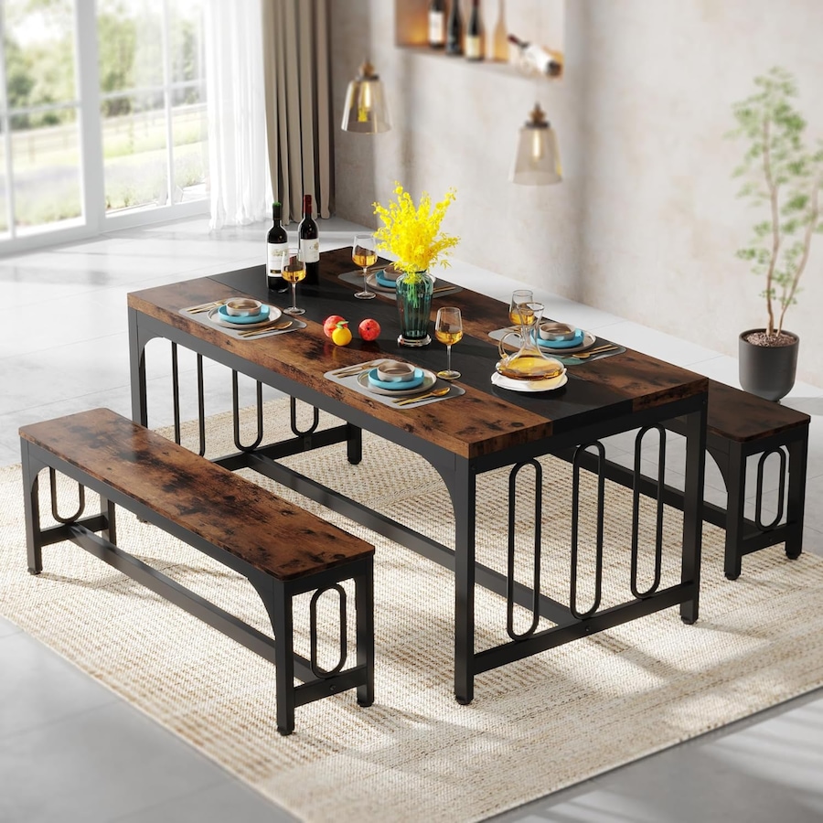 55 Inch Dining Table Set for 4-6 with Benches - Rustic Brown