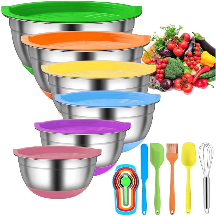 6 Piece Stainless Steel Mixing Bowl Set with Lids and Non-Slip Bottoms - Kitchen Utensils Included