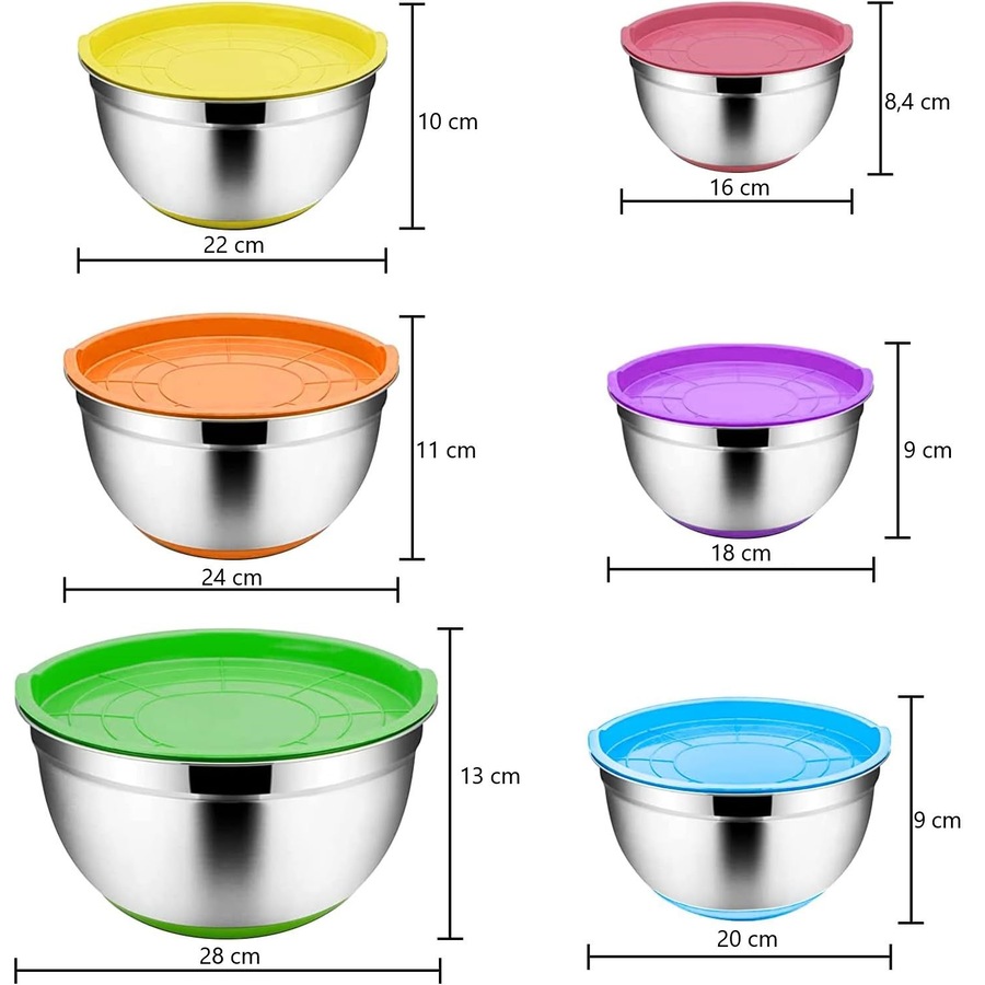6 Piece Stainless Steel Mixing Bowl Set with Lids and Non-Slip Bottoms - Kitchen Utensils Included