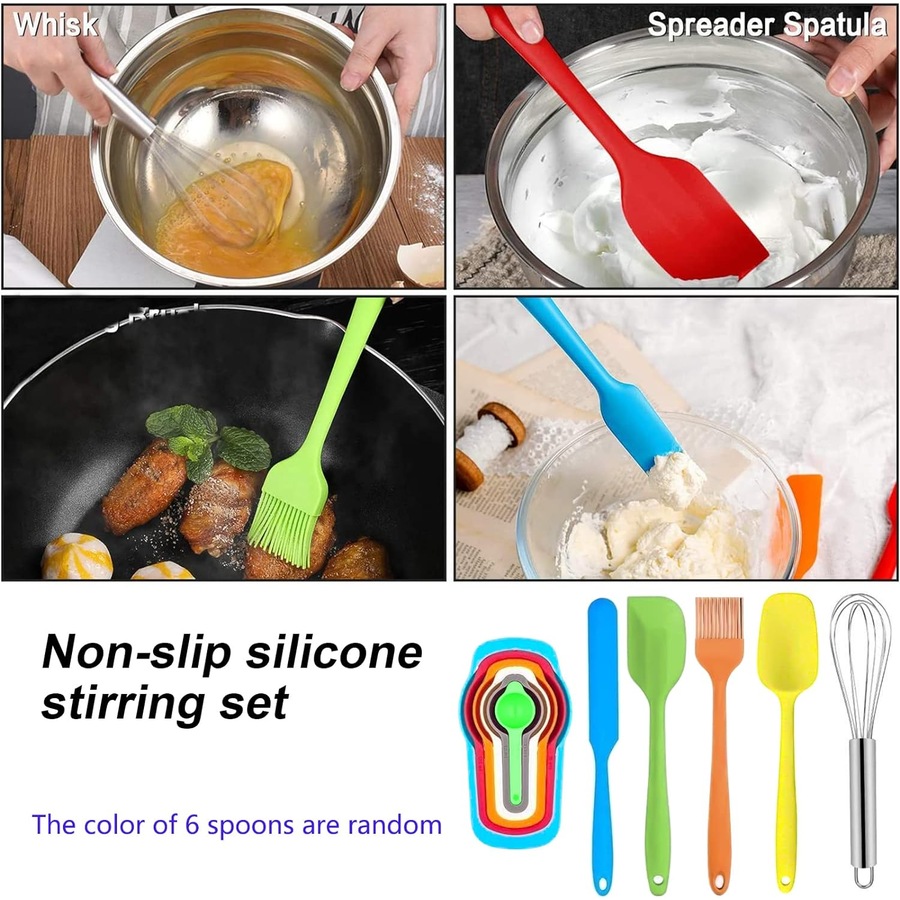 6 Piece Stainless Steel Mixing Bowl Set with Lids and Non-Slip Bottoms - Kitchen Utensils Included