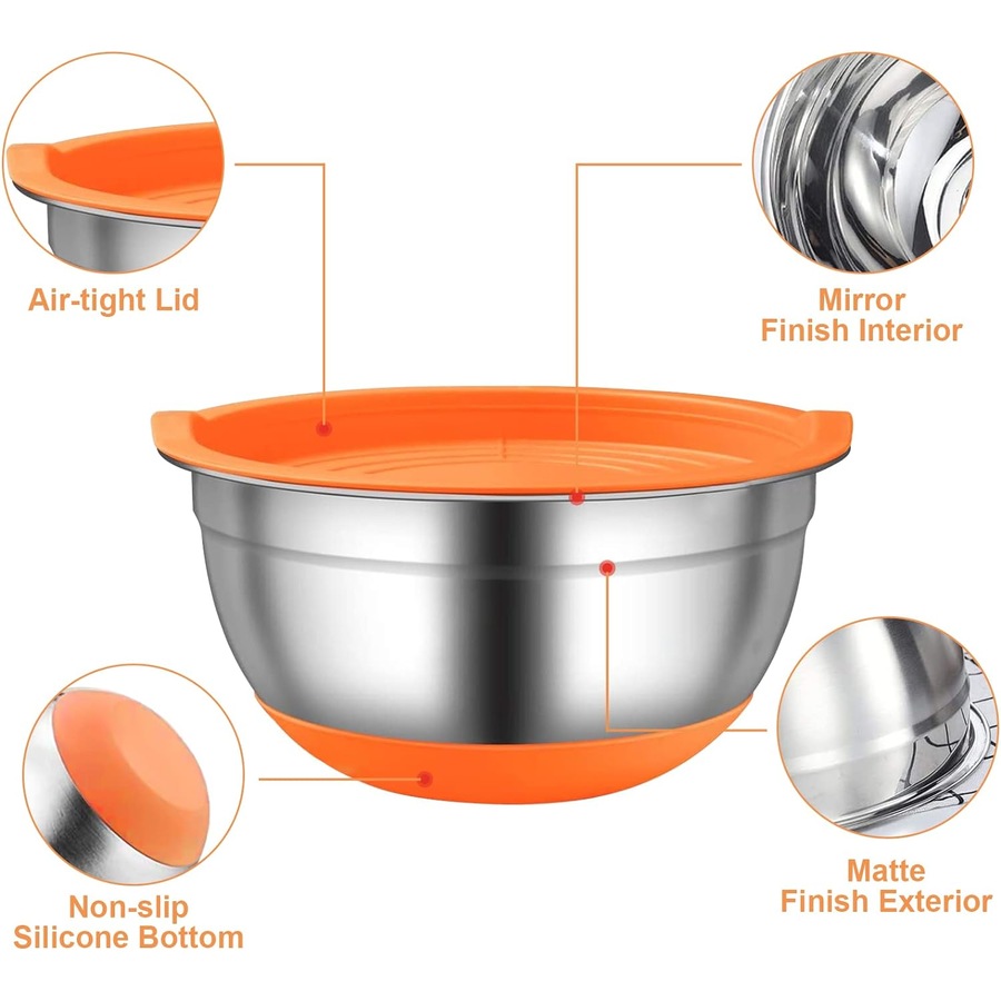 6 Piece Stainless Steel Mixing Bowl Set with Lids and Non-Slip Bottoms - Kitchen Utensils Included