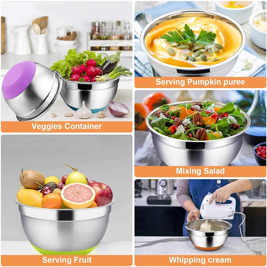6 Piece Stainless Steel Mixing Bowl Set with Lids and Non-Slip Bottoms - Kitchen Utensils Included