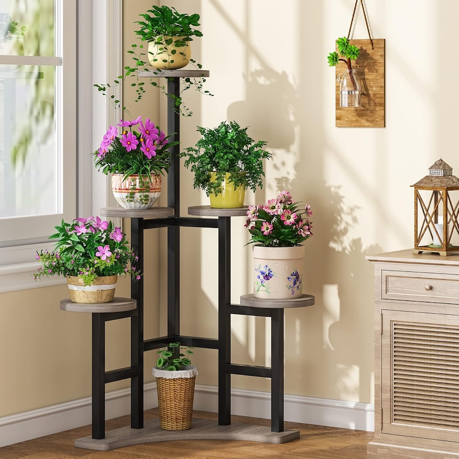 6 Tier Indoor Plant Stand - Tall Gray & Black Shelf for Multiple Potted Plants