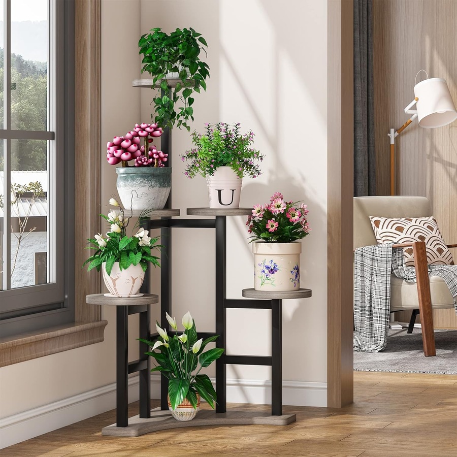 6 Tier Indoor Plant Stand - Tall Gray & Black Shelf for Multiple Potted Plants