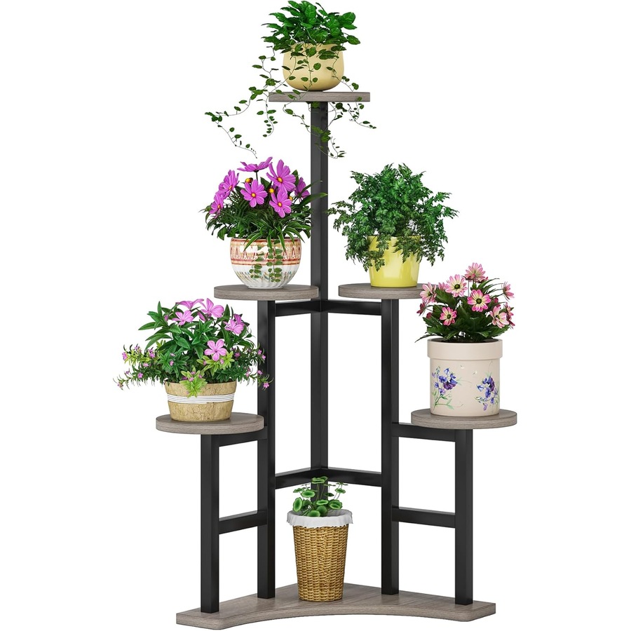 6 Tier Indoor Plant Stand - Tall Gray & Black Shelf for Multiple Potted Plants